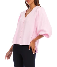Karen Kane Hatch Textured V-Neck 3/4 Layered Sleeve Button Front Shirt