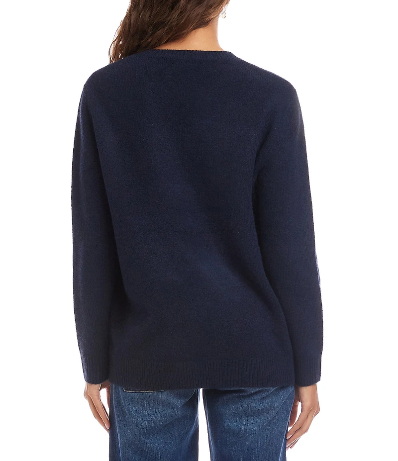 Karen Kane Heart Jacquard Rib Crew Neck Sleeve Sweater