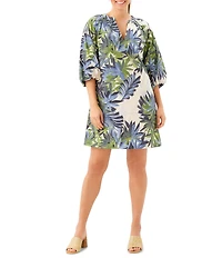 Karen Kane Island Palms Split V-Neck Short Puff Sleeve Peasant Shift Dress