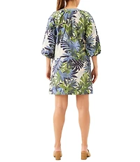 Karen Kane Island Palms Split V-Neck Short Puff Sleeve Peasant Shift Dress