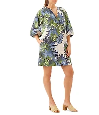 Karen Kane Island Palms Split V-Neck Short Puff Sleeve Peasant Shift Dress