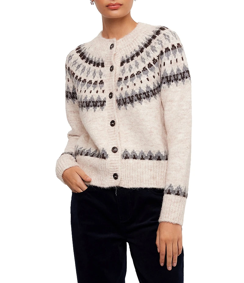 Karen Kane Jacquard Crew Neck Long Sleeve Button Front Cardigan Sweater