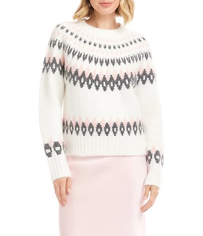 Karen Kane Jacquard Knit Crew Neck Long Sleeve Sweater