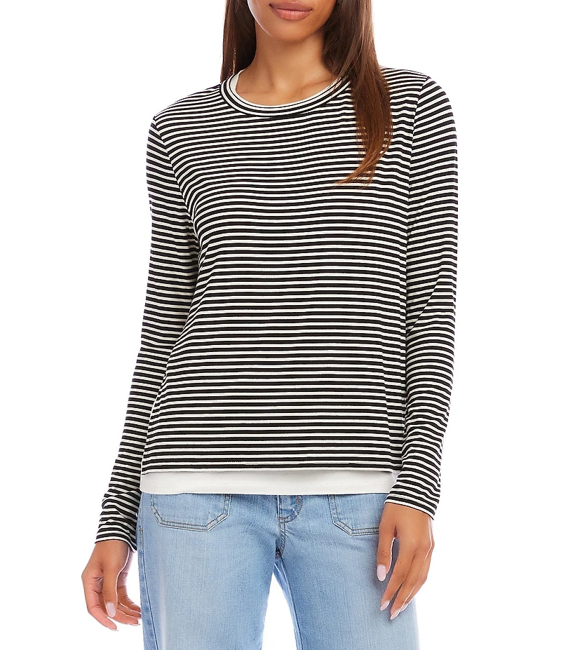 Karen Kane Jersey Stripe Double Layer Crew Neck Long Sleeve Top