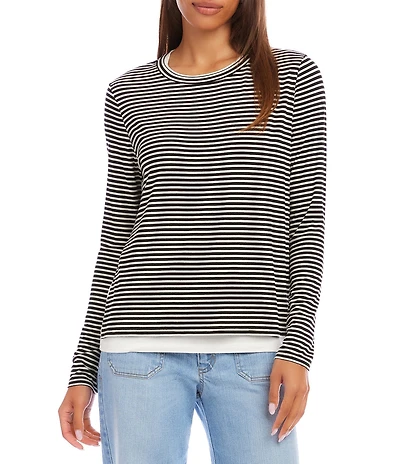 Karen Kane Jersey Stripe Double Layer Crew Neck Long Sleeve Top