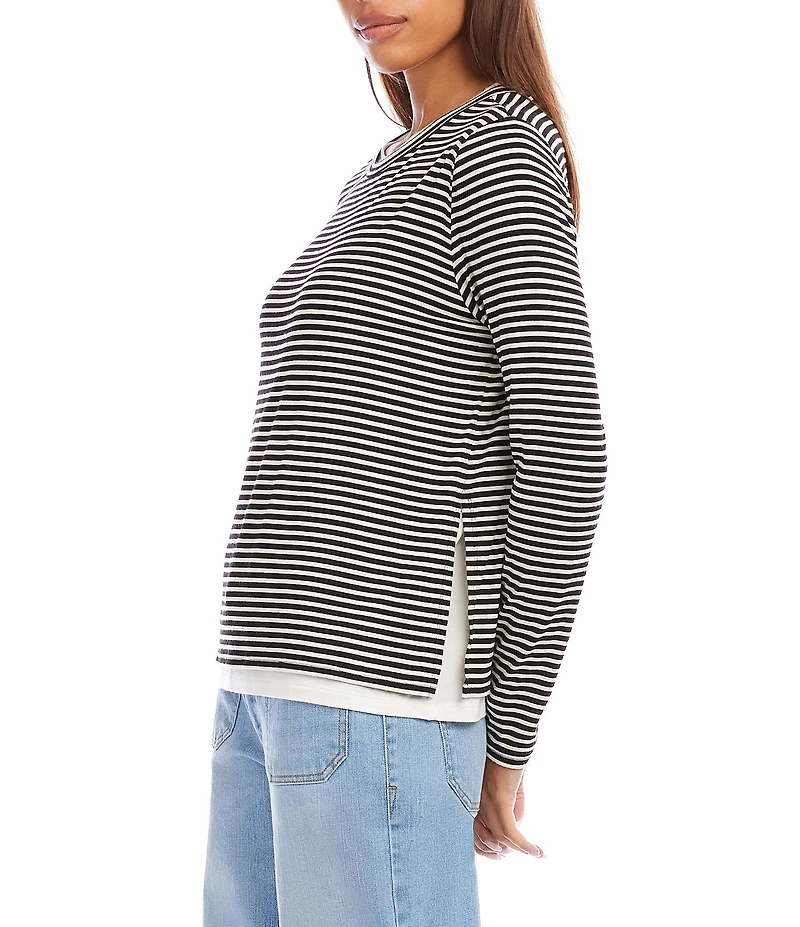 Karen Kane Jersey Stripe Double Layer Crew Neck Long Sleeve Top