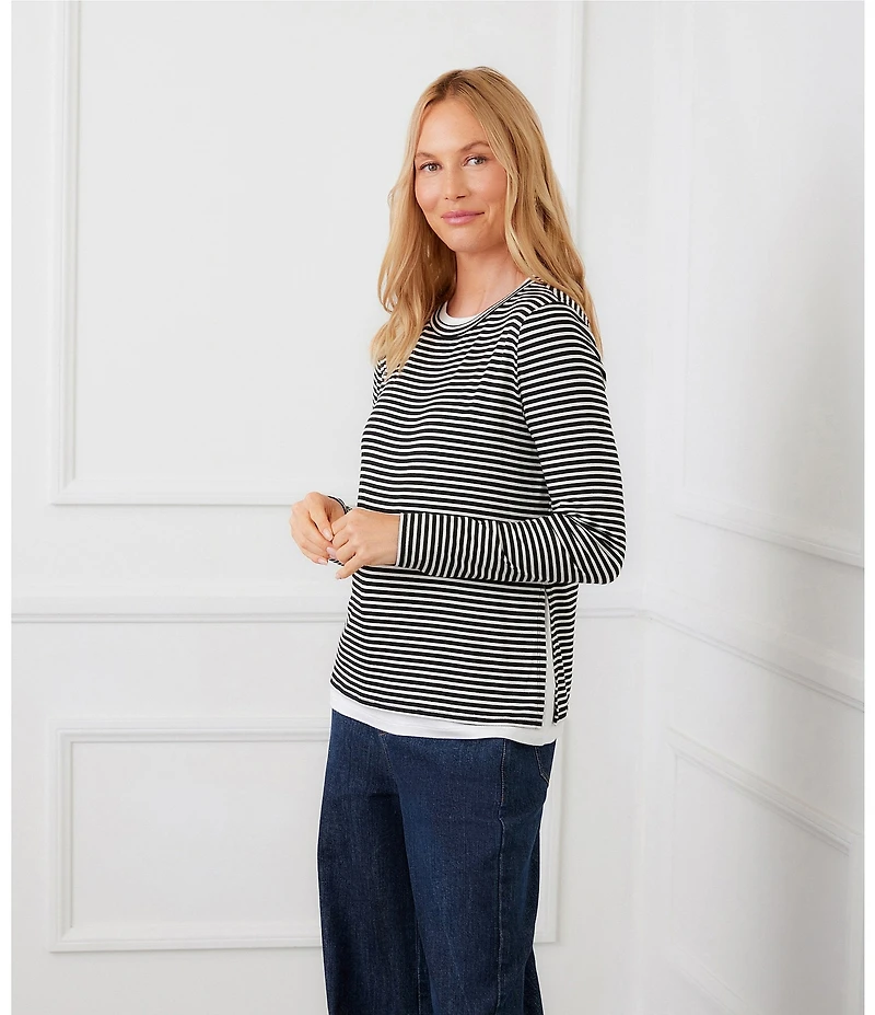 Karen Kane Jersey Stripe Double Layer Crew Neck Long Sleeve Top