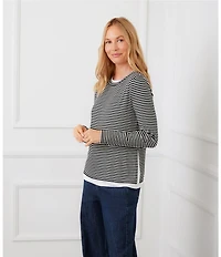 Karen Kane Jersey Stripe Double Layer Crew Neck Long Sleeve Top
