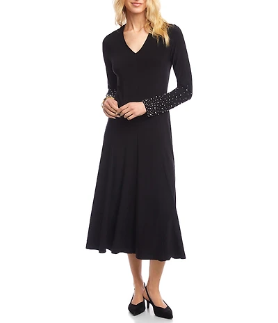 Karen Kane Kate Jersey V-Neck Long Beaded Sleeve A-Line Midi Dress
