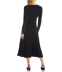 Karen Kane Kate Jersey V-Neck Long Beaded Sleeve A-Line Midi Dress