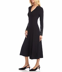 Karen Kane Kate Jersey V-Neck Long Beaded Sleeve A-Line Midi Dress