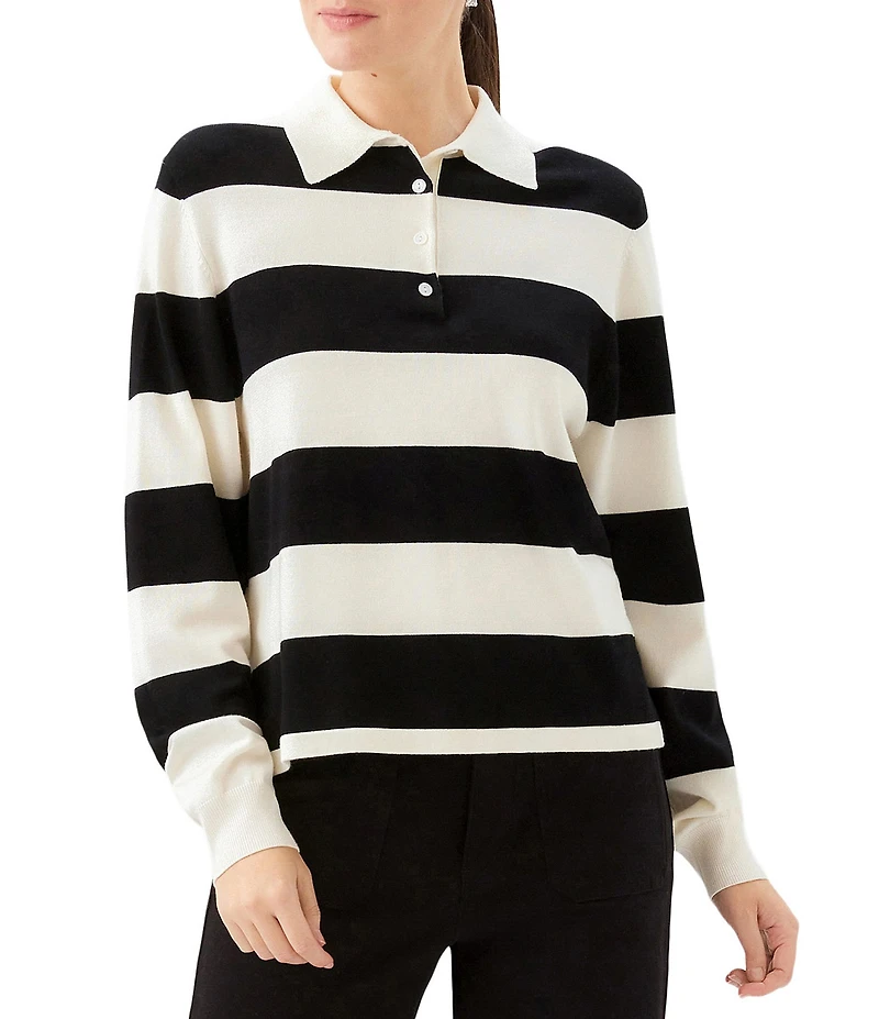 Karen Kane Knit Horizontal Stripe Henley Polo Collar Long Sleeve Top