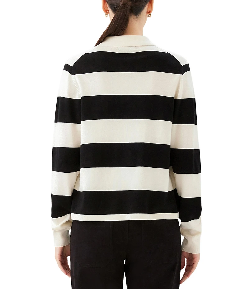 Karen Kane Knit Horizontal Stripe Henley Polo Collar Long Sleeve Top