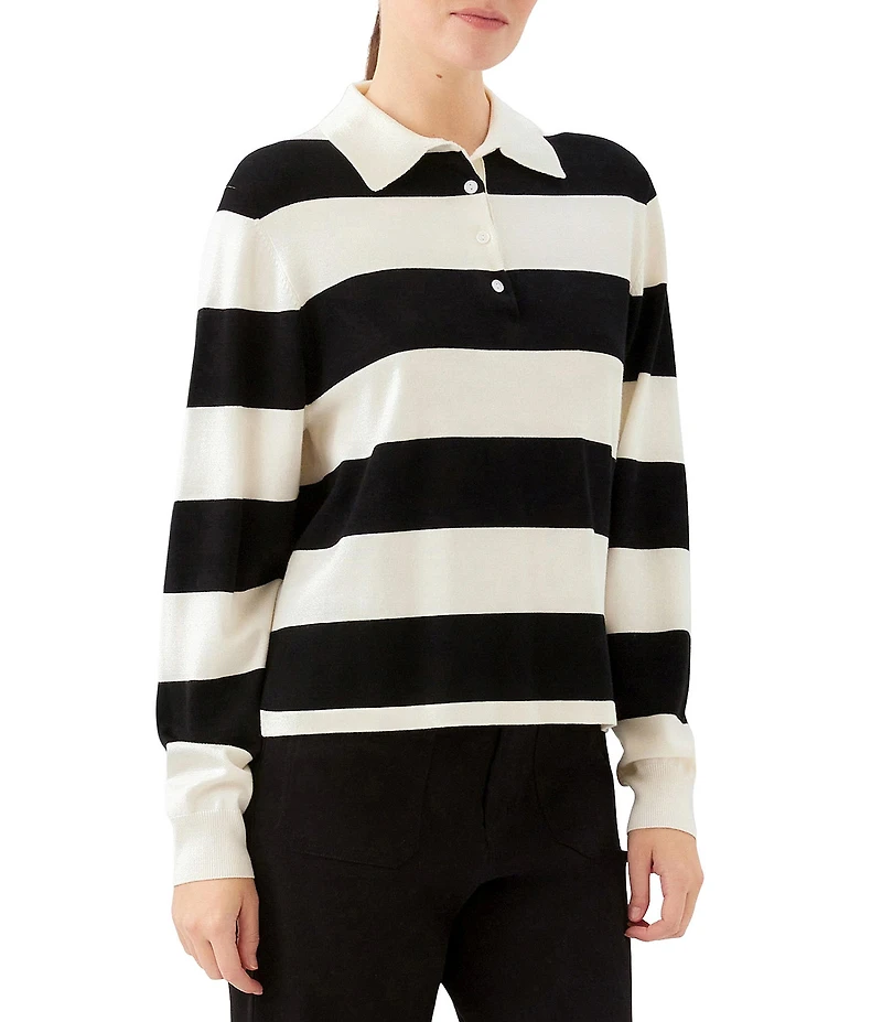 Karen Kane Knit Horizontal Stripe Henley Polo Collar Long Sleeve Top