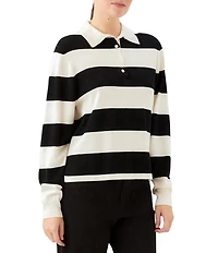 Karen Kane Knit Horizontal Stripe Henley Polo Collar Long Sleeve Top