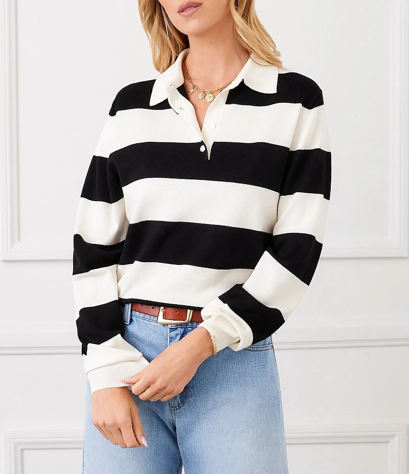 Karen Kane Knit Horizontal Stripe Henley Polo Collar Long Sleeve Top