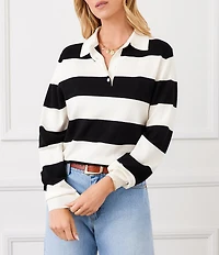 Karen Kane Knit Horizontal Stripe Henley Polo Collar Long Sleeve Top