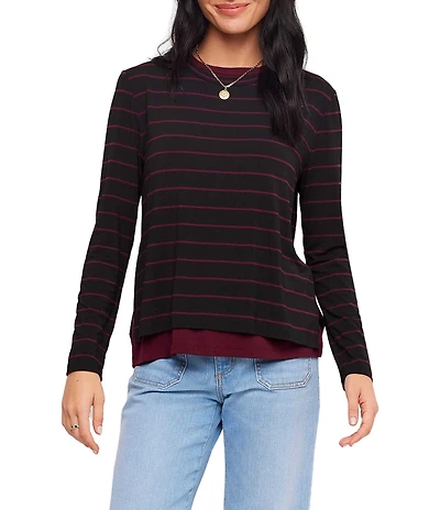 Karen Kane Knit Jersey Double Layer Stripe Crew Neck Long Sleeve Top