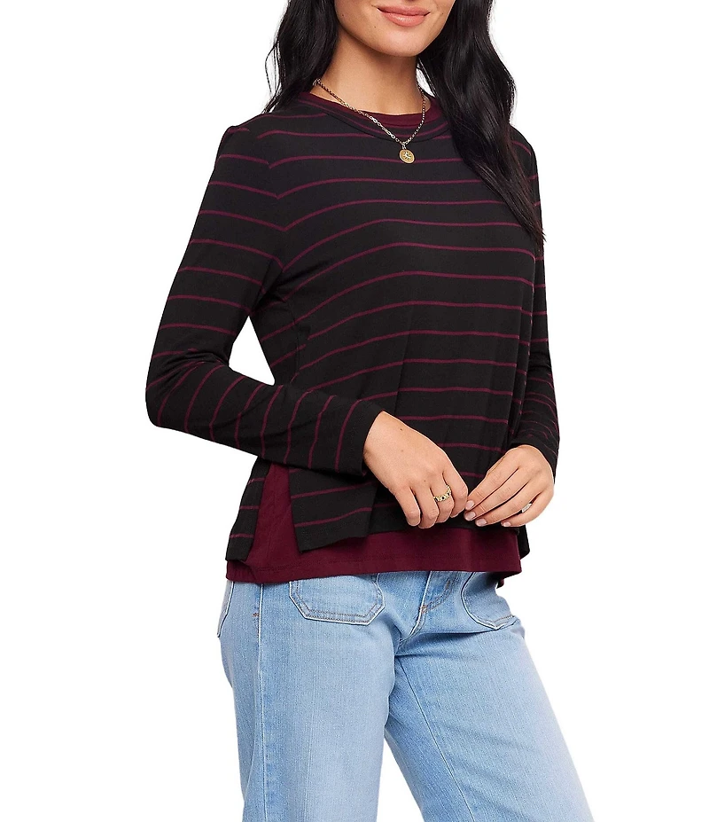 Karen Kane Knit Jersey Double Layer Stripe Crew Neck Long Sleeve Top