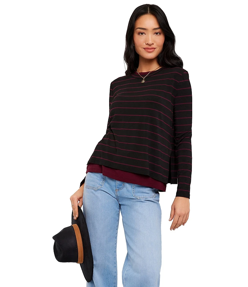 Karen Kane Knit Jersey Double Layer Stripe Crew Neck Long Sleeve Top