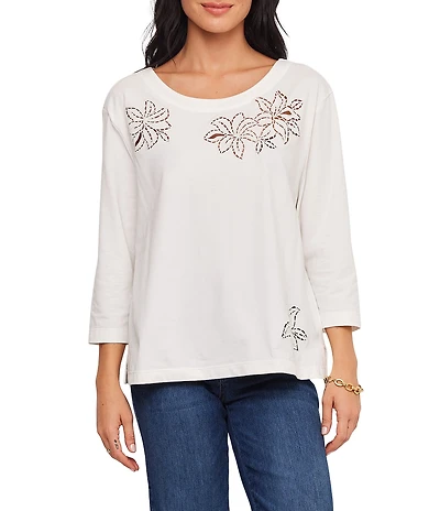 Karen Kane Knit Jersey Floral Cut Out Embroidered Boat Neck 3/4 Sleeve Top