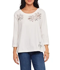 Karen Kane Knit Jersey Floral Cut Out Embroidered Boat Neck 3/4 Sleeve Top