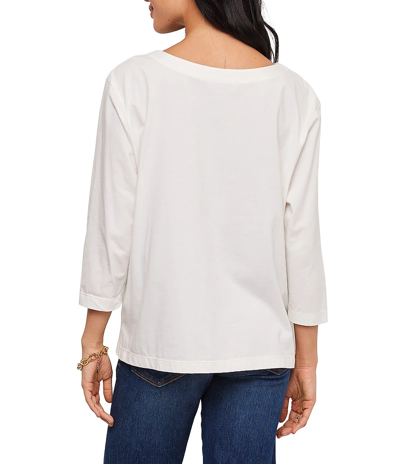 Karen Kane Knit Jersey Floral Cut Out Embroidered Boat Neck 3/4 Sleeve Top