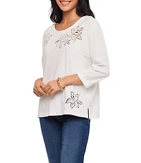 Karen Kane Knit Jersey Floral Cut Out Embroidered Boat Neck 3/4 Sleeve Top