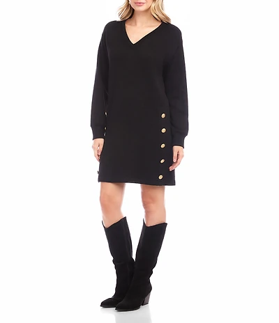 Karen Kane Knit Long Sleeve V-Neck Button Detail Dress