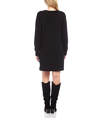 Karen Kane Knit Long Sleeve V-Neck Button Detail Dress