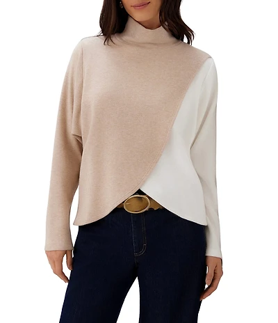 Karen Kane Knit Mock Neck Long Sleeve Crossover Color Block Top