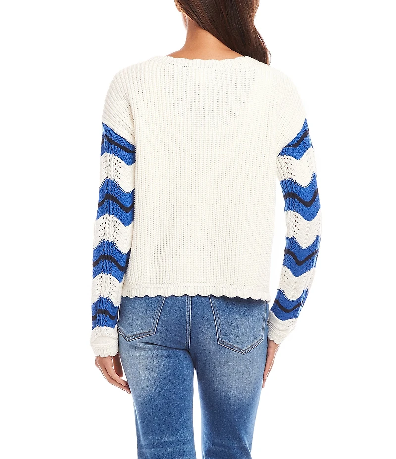 Karen Kane Knit Pointelle Zigzag Crew Neck Long Sleeve Top