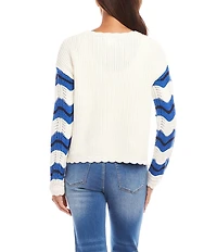 Karen Kane Knit Pointelle Zigzag Crew Neck Long Sleeve Top