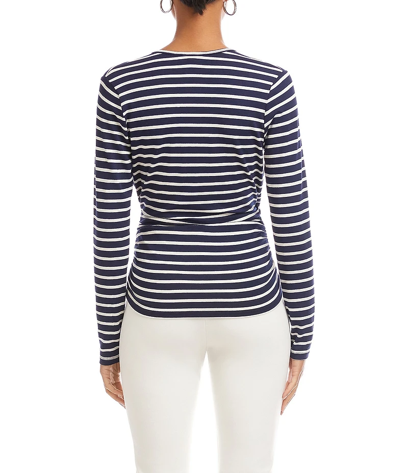 Karen Kane Knit Strip Crossover V-Neck Long Sleeve Side-Shirred Top