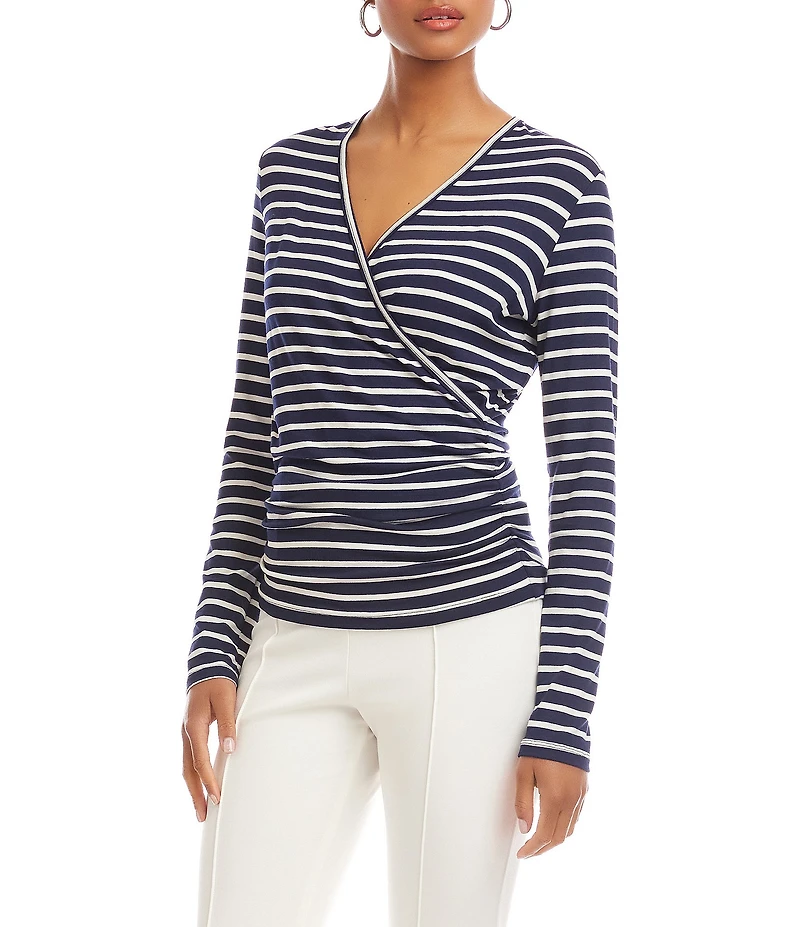 Karen Kane Knit Strip Crossover V-Neck Long Sleeve Side-Shirred Top