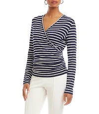 Karen Kane Knit Strip Crossover V-Neck Long Sleeve Side-Shirred Top