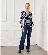 Karen Kane Knit Strip Crossover V-Neck Long Sleeve Side-Shirred Top