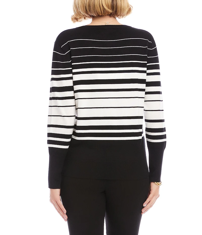 Karen Kane Knit Stripe Crew Neck Long Sleeve Button Front Cardigan