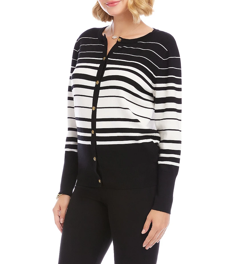 Karen Kane Knit Stripe Crew Neck Long Sleeve Button Front Cardigan