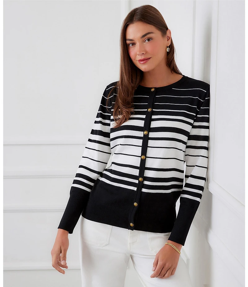 Karen Kane Knit Stripe Crew Neck Long Sleeve Button Front Cardigan