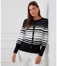 Karen Kane Knit Stripe Crew Neck Long Sleeve Button Front Cardigan