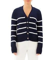 Karen Kane Knit Stripe V-Neck Long Sleeve Ribbed Trim Button Front Cardigan
