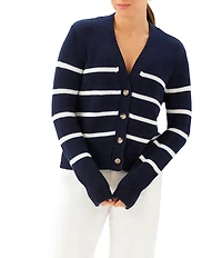 Karen Kane Knit Stripe V-Neck Long Sleeve Ribbed Trim Button Front Cardigan
