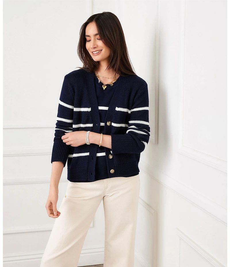 Karen Kane Knit Stripe V-Neck Long Sleeve Ribbed Trim Button Front Cardigan