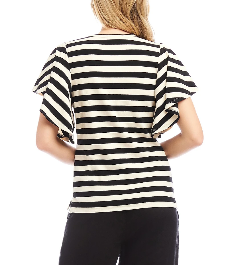 Karen Kane Knit Stripe V-Neck Short Flutter Sleeve Top