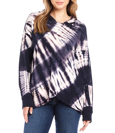Karen Kane Knit Tie-Dye Print Long Sleeve Asymmetric Hem Hoodie