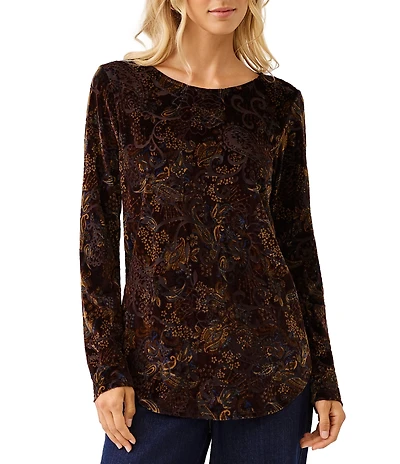 Karen Kane Knit Velvet Burnout Print Scoop Neck Long Sleeve Top