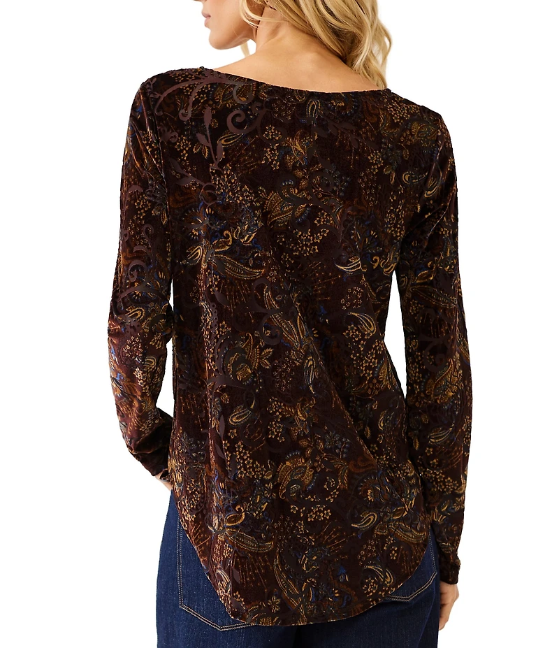 Karen Kane Knit Velvet Burnout Print Scoop Neck Long Sleeve Top