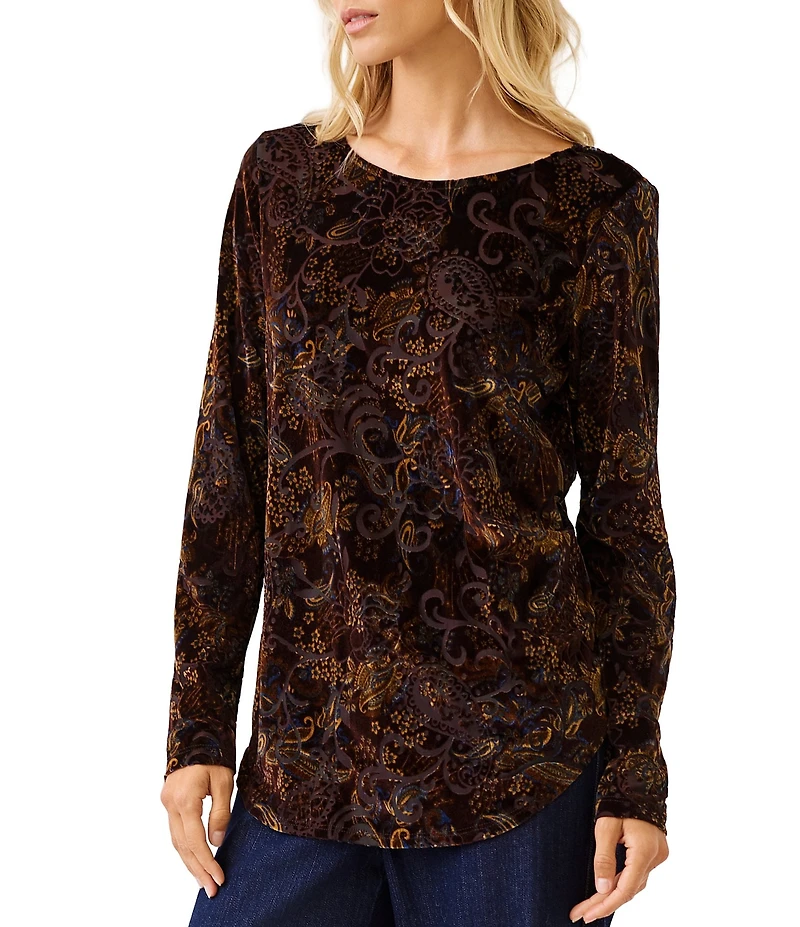 Karen Kane Knit Velvet Burnout Print Scoop Neck Long Sleeve Top