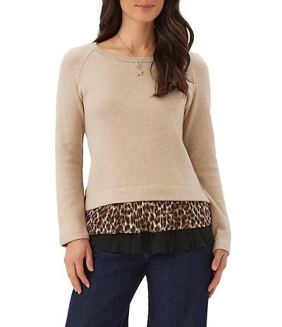 Karen Kane Layered Contrast Cheetah Crew Neck Long Sleeve Sweater
